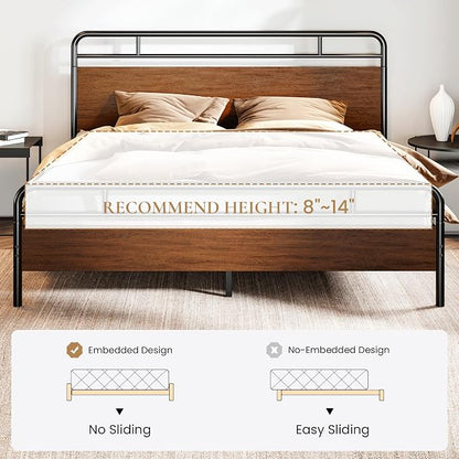 SHA CERLIN King Size Bed Frame with Wooden Headboard and Footboard, Rounded Corner Metal Structure, Heavy Duty Slats with Under-Bed Storage, No Box Spring Needed, Walnut