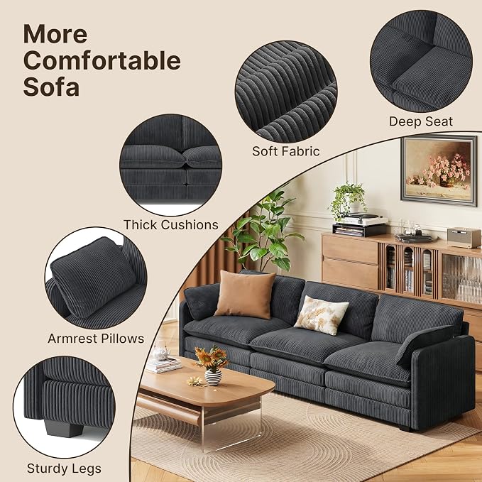 Gizoon 3 Seater Couches for Living Room, Cloud Sleeper Sofa with Double Cushion Corduroy Deep Seat Sofa Couches with 2 Pillows for Living Room Bedroom and Apartment,Pet-Friendly Fabric, Grey