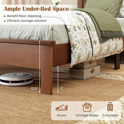 GOFLAME Twin Size Wood Bed Frame, Mid-Century Modern Platform Bed with Headboard, Solid Wood Legs, Mattress Foundation with 12 Wooden Slats, No Box Spring Needed, Walnut