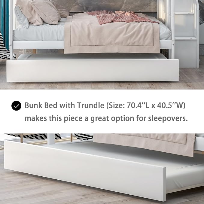 MERITLINE Twin Over Full Bunk Bed with Trundle, Storage Staircase,Solid Wood Bunk Bed with Storage Stairs Box and Guardrail, No Spring Box Needed (White)