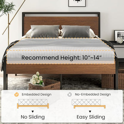 SHA CERLIN 14 Inch King Size Metal Platform Bed Frame with Wooden Headboard and Footboard, Mattress Foundation, No Box Spring Needed, Large Under Bed Storage, Walnut