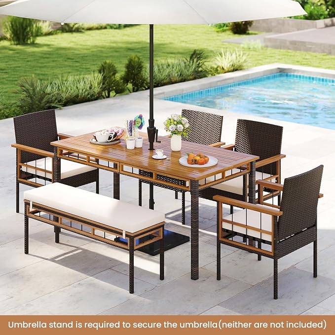 Tangkula 6 Pieces Patio Dining Table Set, Outdoor Rectangular Acacia Wood Table with 1.97” Umbrella Hole & Cushioned Backless Bench & 4 Armchairs, for Garden, Deck, Yard