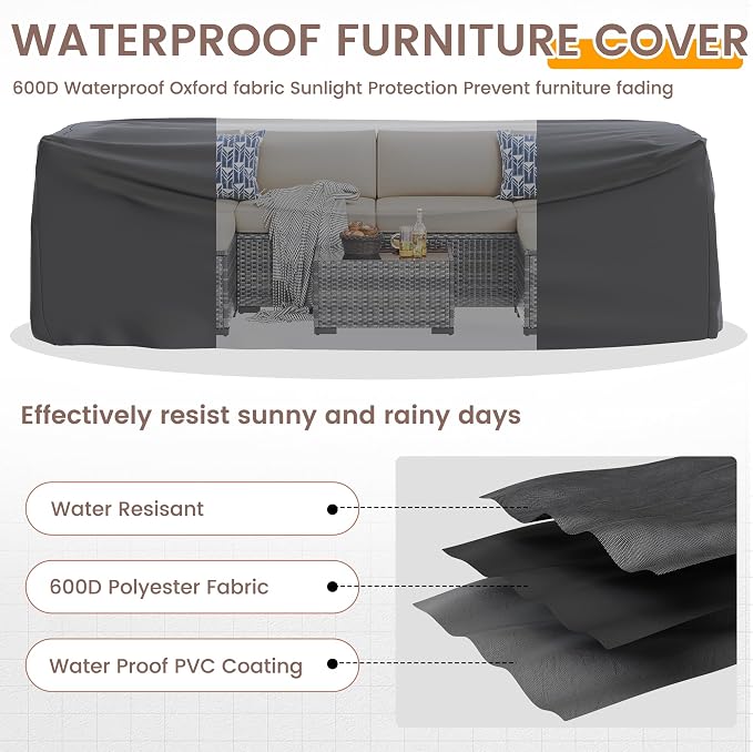 UDPATIO Patio Furniture Set with Fire Pit Table, 8 Pcs Outdoor Sectional Sofa, PE Wicker Patio Conversation Set for Garden, Backyard (Beige Cushions with Grey Rattan)