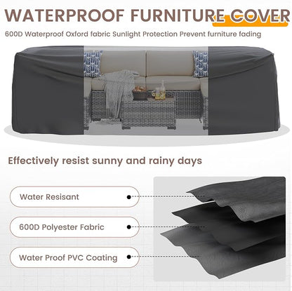 UDPATIO Patio Furniture Set with Fire Pit Table, 8 Pcs Outdoor Sectional Sofa, PE Wicker Patio Conversation Set for Garden, Backyard (Beige Cushions with Grey Rattan)