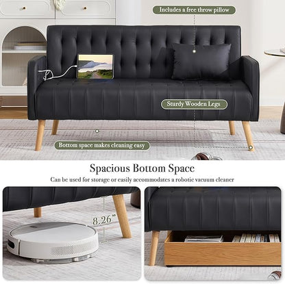Black Leather Loveseat and Accent Chair Set of 2, Small Couch w/USB Charging & Pockets, Mid Century Modern Tufted Love Seat and Chair Set, Mini Office Sofa for Living Room, Apartment