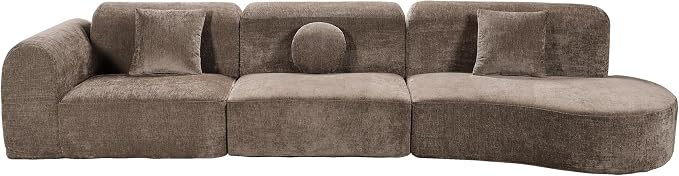 Christopher Knight Home Grelyn 140" Modular Sectional Sofa Couch, Wool Fabric Boneless Cloud Couch, Fully Compressed Home Sofa Living Room, 3-Piece Lounge Sofa with Chaise, Fully Assembled, Brown
