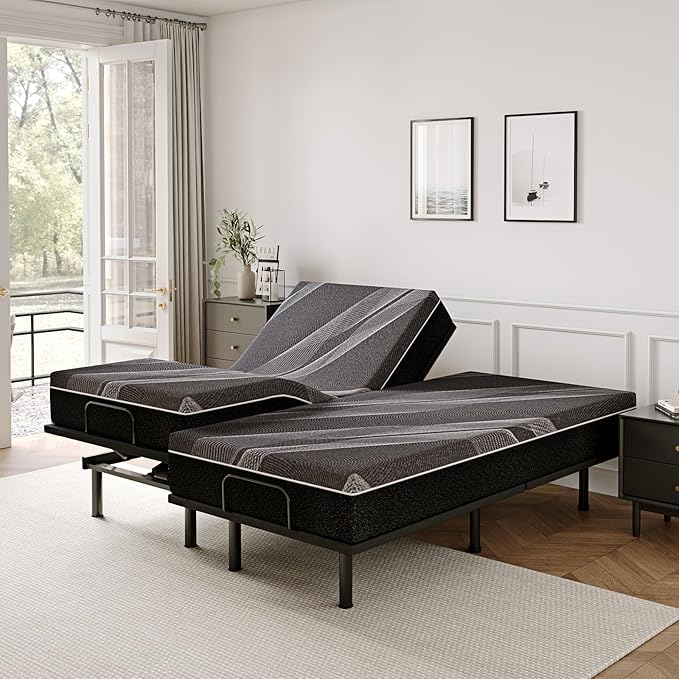 Dyonery Split King Adjustable Bed Frame with 10 inch Gel Memory Foam Mattress, CertiPUR-US Certified Fiberglass Free, Zero Gravity & Wireless Remote, Head & Foot Incline, 80"×76"