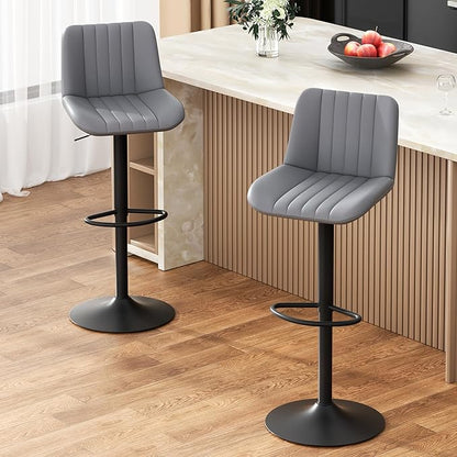JAMFLY Modern Leather Bar Stools – Swivel & Height-Adjustable Bar Chairs with Footrest, Ergonomic Design for Kitchen Island, Home & Commercial Bar – Set of 2, Grey