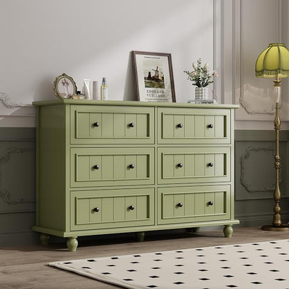 Antique Bedroom Set, 6 Drawer Dresser with Nightstands Set of 2 (Green) | Vintage Style, Paint, with Drawers, Large Storage