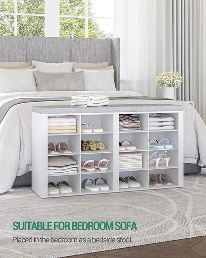 Hzuaneri Shoe Bench with Cushion, Entryway Storage Bench with 16 Cubbies, Cubby Shoe Rack with Adjustable Shelves, Shoe Organizer Cabinet for Living Room, Bedroom, Entryway, White SB25603GY
