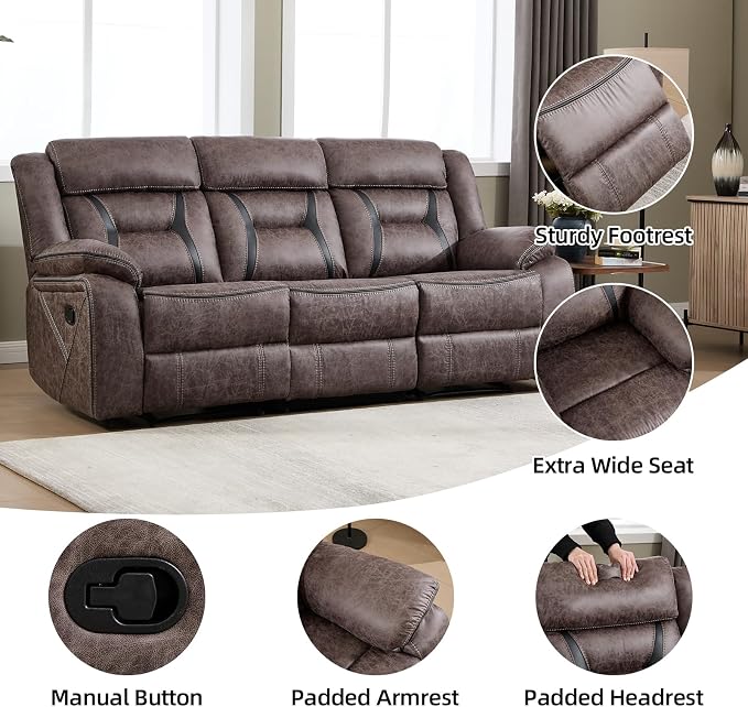EBELLO Faux Leather Manual Reclining Sofa, 3 Seat Recliner Sofa Chair, Couch Furniture for Living Room, Furniture, Meeting Room, Grey (3 Seat Sofa)