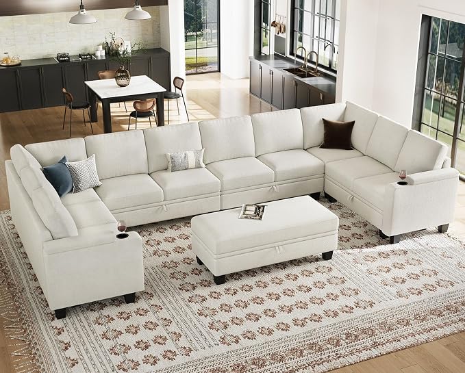 Belffin Oversized U Shaped Modular Sectional Couch for Living Room 10 Seater Modular Sofa Set with Storage Ottoman Large Sectional Couch with Cup Holder White
