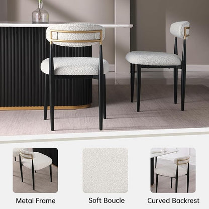 Morden Fort Marble Dining Table Set for 6, 70" Kitchen Table with White Rectangle Top and Black Fluted Base, 6 Modern Upholstered Chairs for Dining Room, Restaurant and Reception