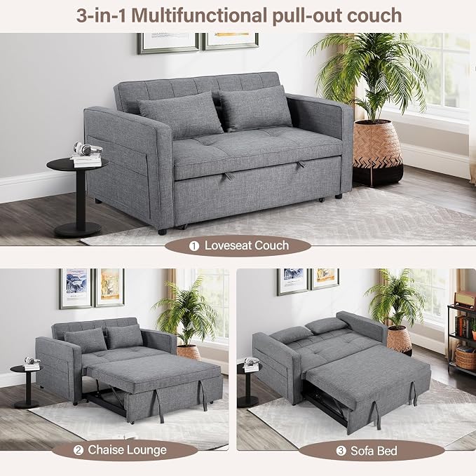 HAOMARKETS 3 in 1 Convertible Sleeper Sofa Bed, Loveseat Chaise Lounge with Pullout Bed, 2-Seater Futon Couches with Storage Pockets, 3-Level Adjustable Backrest and Pillows for Living Room, Dark Grey