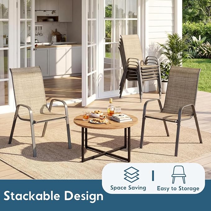 Arlopu 5 Piece Outdoor Patio Dining Set (Umbrella not Included), Porch Furniture with 4 Textline Chairs, 1 Square Glass Table for Garden, Backyard and Poolside, Lawn (Browm)