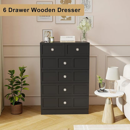 6 Drawer Dresser for Bedroom: 24" Fluted Black Dresser Deep Drawers, Modern Chest of Drawers for Bedroom, Fluted Wood Dressers for Living Room, Hallway (Black, 24")