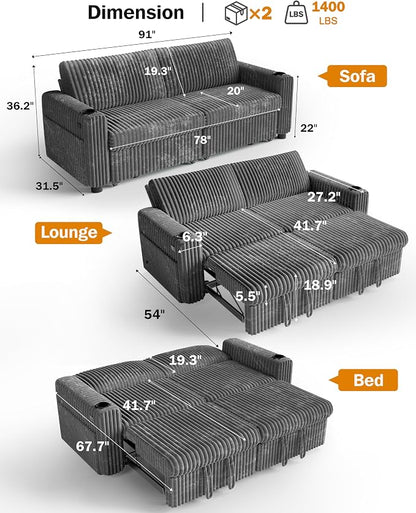 Sunny Heart 91" Plush Corduroy L Shaped Sectional Sleeper Sofa Bed with Pull Out Bed, Reclining Backrest, Reversible Storage Chaise, USB Ports, Cup Holders, Tool Free Assembly, Darke Grey