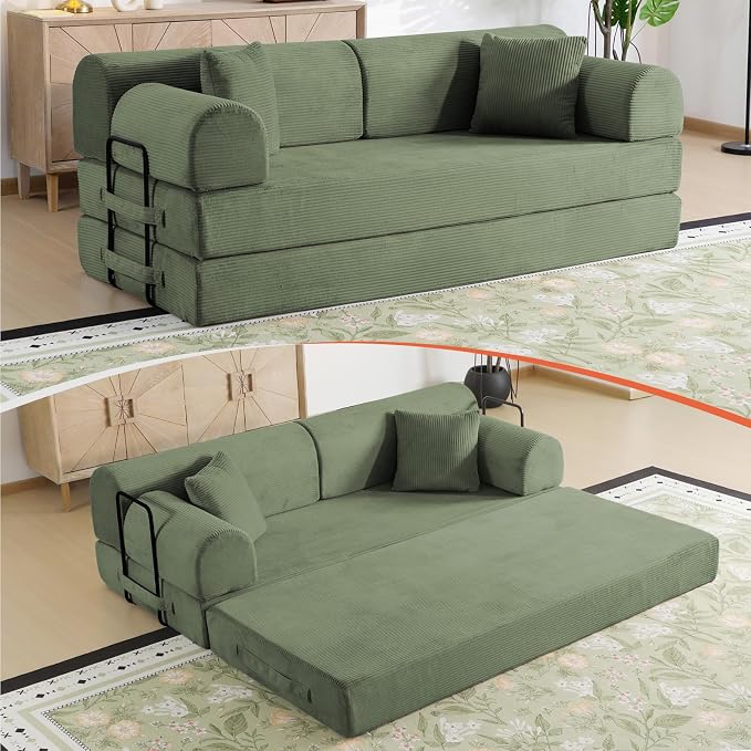 78.8" Boneless Memory Foam Couch, Corduroy Convertible Floor Sofa Bed, Fold-Out Sleeper Futon Loveseat, Wide Armrests & Supportive Back, 1200 lb, Couch in a Box, 2 Pillows, Light Green