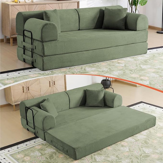 78.8" Boneless Memory Foam Couch, Corduroy Convertible Floor Sofa Bed, Fold-Out Sleeper Futon Loveseat, Wide Armrests & Supportive Back, 1200 lb, Couch in a Box, 2 Pillows, Light Green