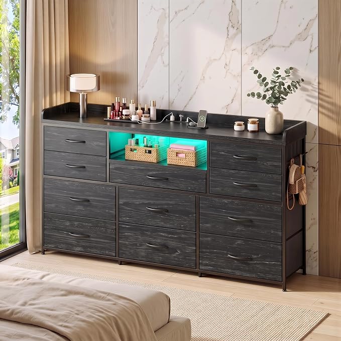 Bepatio LED Dresser for Bedroom with 11 Drawers,Power Strip,4 Hooks,Black | Stylish Dressers & Chests of Drawers with 2 Wood Storage Shelves, TV Stand for 50/55/60 Inch TVs, Sturdy Metal Frame