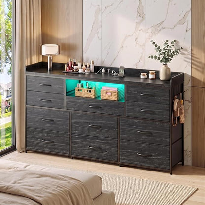 Bepatio LED Dresser for Bedroom with 11 Drawers,Power Strip,4 Hooks,Black | Stylish Dressers & Chests of Drawers with 2 Wood Storage Shelves, TV Stand for 50/55/60 Inch TVs, Sturdy Metal Frame