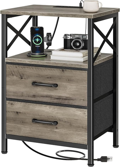 Huuger Night Stand with Charger Station, 2 Drawer Nightstand with Open Shelf, Bed Side Table with USB-C Port, End Table, Compact Size for Small Spaces, X Shaped Side Rail, Oak