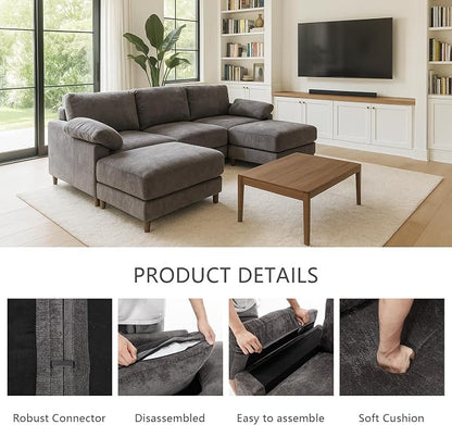 Oversized Modular Cloud Couch with Removable Washable Cover, U -Shaped Sectional for Large Living Room, Plush Chenille & Deep Seat（Grey）