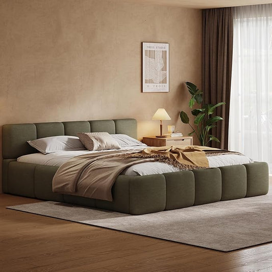 Merax King Size Boucle Platform Bed with Thick Headboard and Footboard, Block Style Upholstery Floor Bed Frame, Green