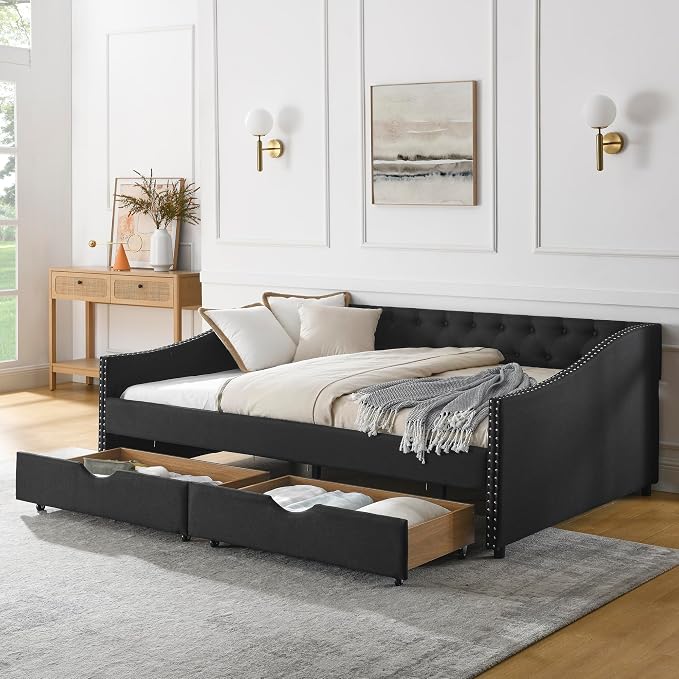 KEIKI Full Size Upholstery Daybed with 2 Drawers and Headboard, Mid-Century Style Tufted Sofa Bed with Button on Back, Easy Assembly, No Box Spring Required, for Living Room and Bedroom, Black