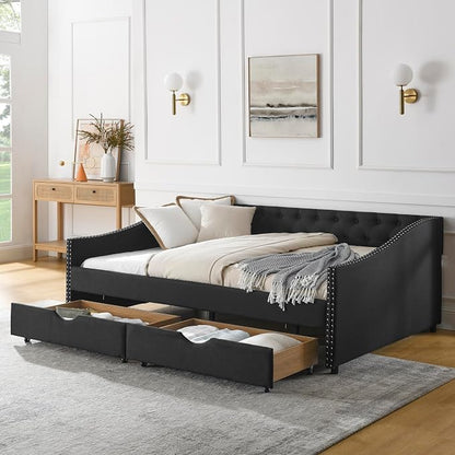 KEIKI Full Size Upholstery Daybed with 2 Drawers and Headboard, Mid-Century Style Tufted Sofa Bed with Button on Back, Easy Assembly, No Box Spring Required, for Living Room and Bedroom, Black