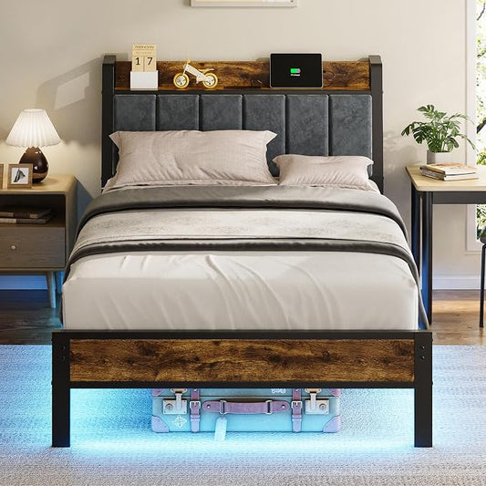 Liians Twin Size Bed Frame with Wood Storage Headboard and USB Charging Station, Smart LED Lights, Metal Platform Bed Frames Easy Assembly, Noise Free, No Box Spring Needed