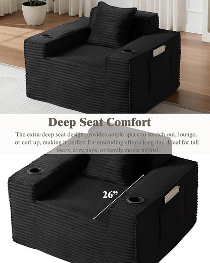 80.7" Boneless Sofa Couches with Cup Holder,3 Seat Couch with Side Pocket, Cloud Couch for Compact Living Rooms, Apartments (Black)