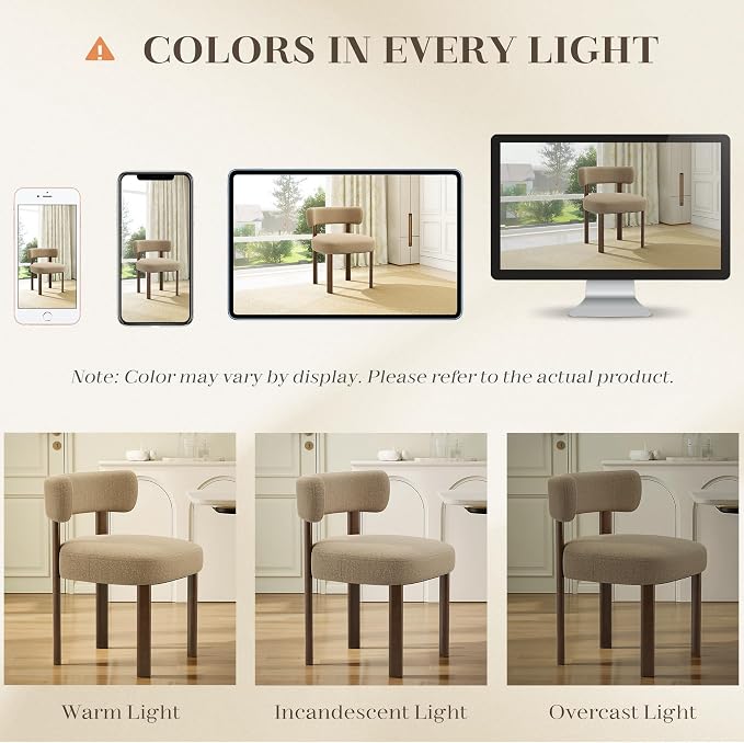 Wooden Dining Chairs Set of 6, Upholstered Kitchen Chairs with Solid Wood Legs, Mid Century Dining Room Chair with Ergonomic Curved Backrest for Kitchen Dining Vanity, Camel