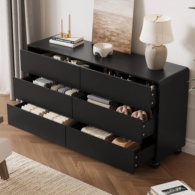 MAISONARIA Mid-Century 3-Piece Dresser Bedroom Set, 6 Drawer Dresser & 2 Drawer Nightstands with Curved Profile Design & Handle Free, Wood Chest of Drawers for Bedroom, Living Room, Hallway, Black