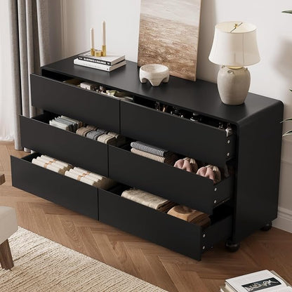 MAISONARIA Mid-Century 3-Piece Dresser Bedroom Set, 6 Drawer Dresser & 2 Drawer Nightstands with Curved Profile Design & Handle Free, Wood Chest of Drawers for Bedroom, Living Room, Hallway, Black