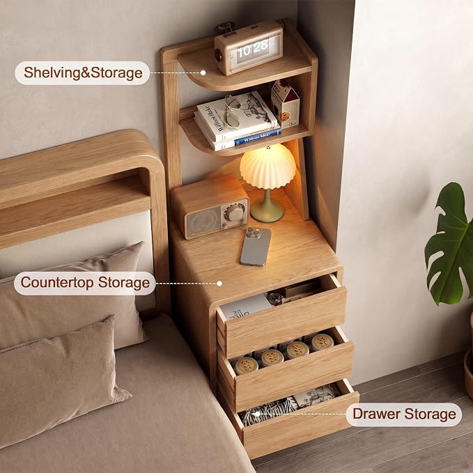 Solid Wood Bookshelf with Drawers,Narrow bookcase with Storage Shelves,Tall Nightstand with Drawers,Mid Century Modern Nightstand,Open Shelf Bookcase,Small Book Shelf for Bedroom,Living Room,Offices