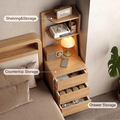 Solid Wood Bookshelf with Drawers,Narrow bookcase with Storage Shelves,Tall Nightstand with Drawers,Mid Century Modern Nightstand,Open Shelf Bookcase,Small Book Shelf for Bedroom,Living Room,Offices