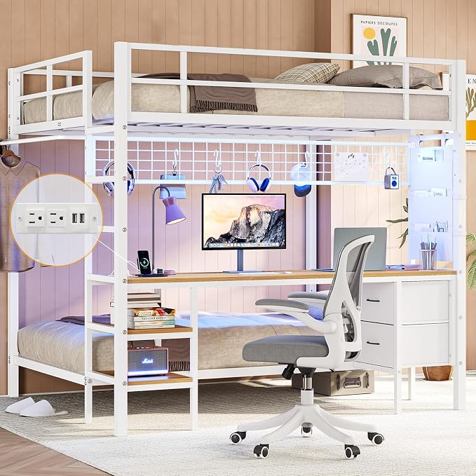 DICTAC Bunk Bed Full Over Twin with Desk and Led Lights Metal Full Over Twin Size Bunk Bed with Charging Station,Storage Shelves and Drawer,Bunk Beds for Teen/Adult with Safety Guard & Ladder,White