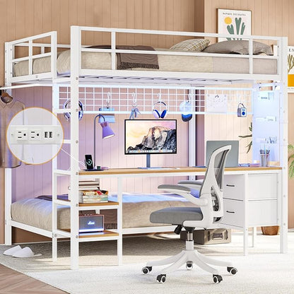 DICTAC Bunk Bed Full Over Twin with Desk and Led Lights Metal Full Over Twin Size Bunk Bed with Charging Station,Storage Shelves and Drawer,Bunk Beds for Teen/Adult with Safety Guard & Ladder,White