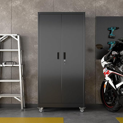 Garage Storage Cabinet with Wheels & Pegboard Doors, Lockable Metal Storage Cabinet with 5 Adjustable Shelves for Garage, Home, Black, Assembly Required, 71" H x 34" W x 18" D