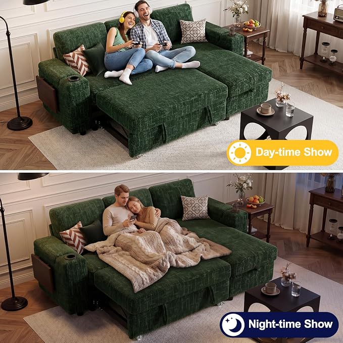 Vipbear Premium 86" Modular Sectional Chenille Sleeper Sofa, 3 Seat Sleeper Sofa with Pull Out Bed, L Shaped Couch with USB Ports|Storage Armrests&Chaise|Cup Holders| Side Table, Green