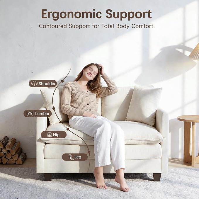 Loveseat Sofa, 52''Modern Cloud Sofa Couch with 27" Deep Seat & 2 Pillows, Comfy Chenille Small Couch for Small Spaces, Apartment, Studio, Bedroom, Living Room (Beige, Loveseat)