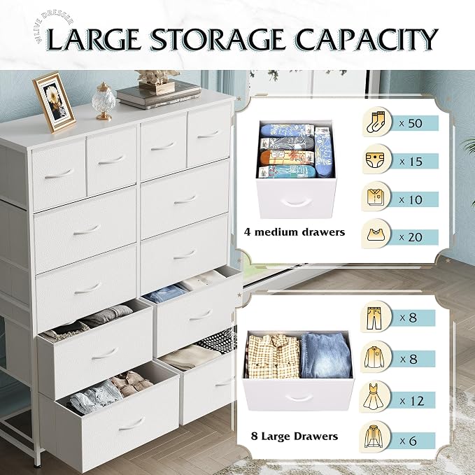 WLIVE Tall White Dresser for Bedroom with 12 Drawers, Dressers & Chests of Drawers, Fabric Dresser for Closet, Living Room, Storage Dressers with Storage Drawers, Steel Frame, Wood Top
