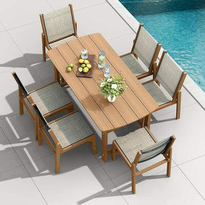 HDPE Outdoor Patio Dining Set with Table & 6 Stackable Armless Textilene Chairs, All-Weather 7-Piece Dining Table Set with Umbrella Hole, Patio Furniture for Garden, Poolside, Backyard, Deck | Teak