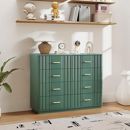 Fluted Dresser for Bedroom with 8 Drawers, 47" Wide Mid Century Modern Chest of Drawers, Wooden Dresser TV Stand, Wood Closet Clothes Storage Organizer for Living Room Hallway, Green