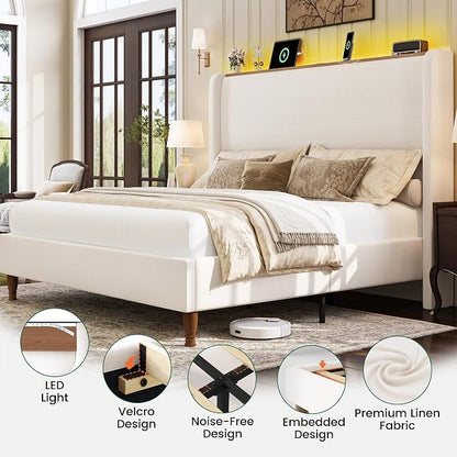 LARMACE King Size Bed Frame with LED Lights and Charging Station Linen Upholstered Platform Bed Frame with 51.2" Tall Wingback Headboard and Storage Shelf, No Box Spring Needed, Easy Assembly, Beige