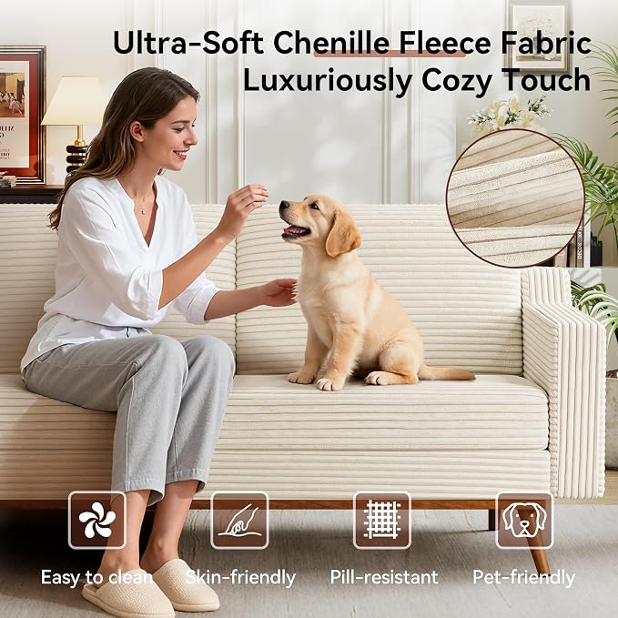 Vipbear 65.4" Loveseat Sofa,Mid-Century Modern Small Couches for Living Room, Bedroom, Office,Comfy Beige Corduroy Couch with Spring Cushion, Solid Wood Frame, Tool-Free Assembly