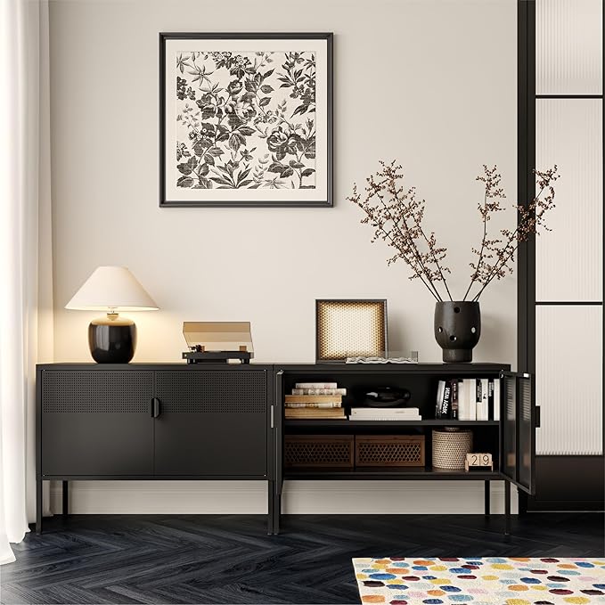 COFaR TV Stand for TVs up to 75 Inch, 40‘’L Media Console with Ventilation Doors, Metal Entertainment Center with Adjustable Shelves & 120Lbs Storage for Living Room & Bedroom, Black
