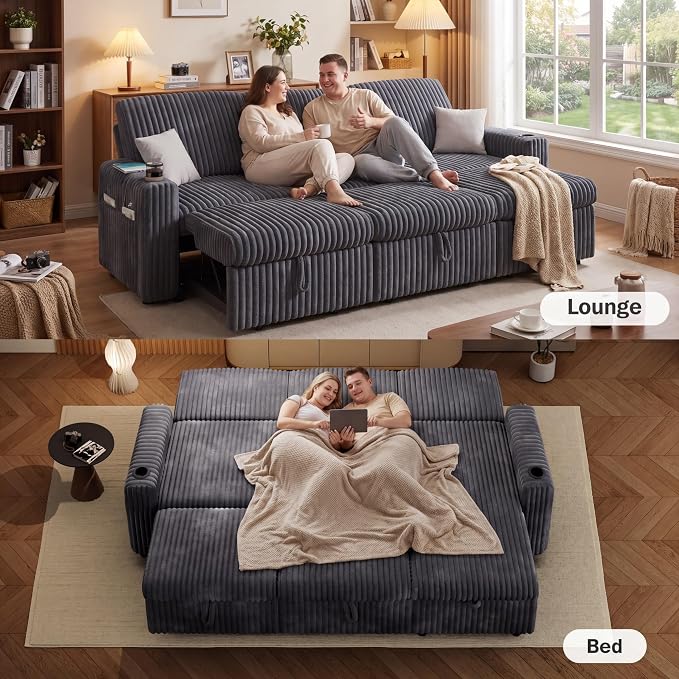 Vipbear 101" Sectional Sleeper Sofa with Pull Out Bed,5-Level Adjustable Backrest,3 Seat Modular Couch with Storage,Tool Free Assembly,USB & Cup Holders, Corduroy Sofa for Living Room, Dark Gray