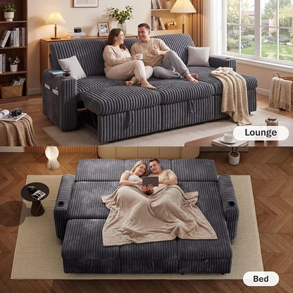Vipbear 101" Sectional Sleeper Sofa with Pull Out Bed,5-Level Adjustable Backrest,3 Seat Modular Couch with Storage,Tool Free Assembly,USB & Cup Holders, Corduroy Sofa for Living Room, Dark Gray